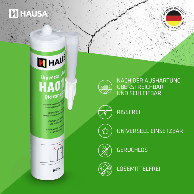Produktbild von Hausa Maleracryl Weiß – 12x Acryl-Dichtstoff, Elastische Dichtmasse Für Innen & Außen
