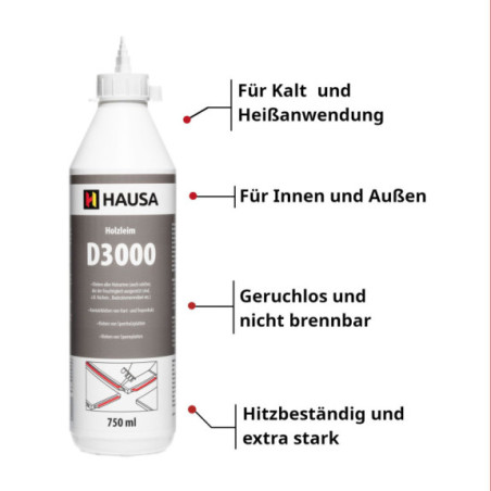 Holzleim HAUSA Wasserfest D3 Leim Stark Weiß 3 x 750ml