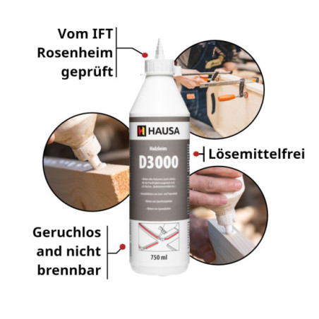 Holzleim HAUSA Wasserfest D3 Leim Stark Weiß 3 x 750ml