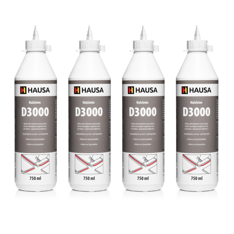 Holzleim HAUSA Wasserfest D3 Leim Stark Weiß 4 x 750ml