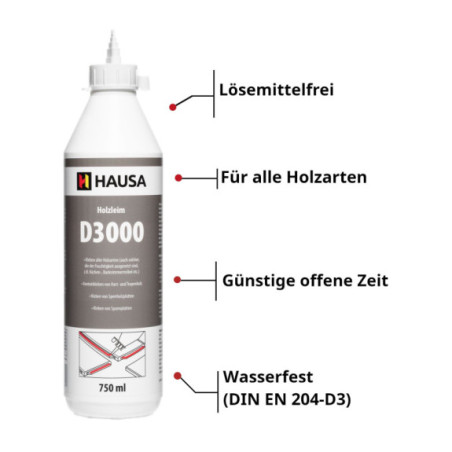 Holzleim HAUSA Wasserfest D3 Leim Stark Weiß 4 x 750ml