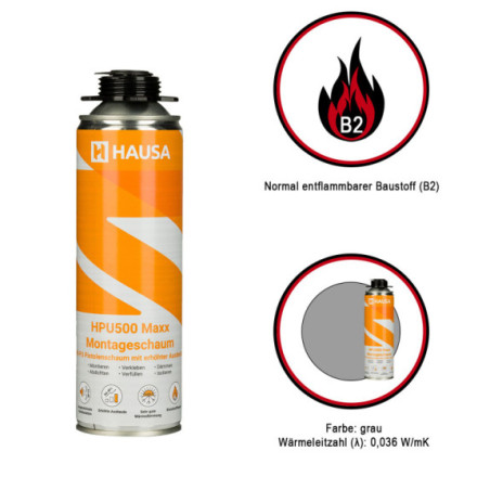 Montageschaum HAUSA HPU500 Maxx B2 Pistolenschaum grau 48 x 500ml