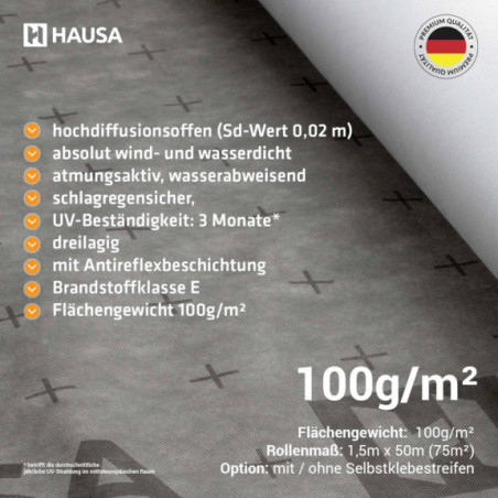Unterspannbahn 100g HAUSA HU100 flexible ohne Klebestreifen 675m²